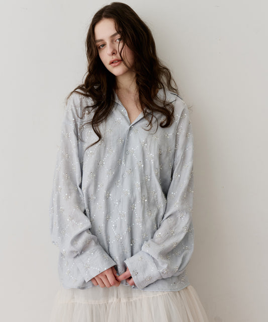 【予約】楊柳ストライプビーズ刺繍シャツ