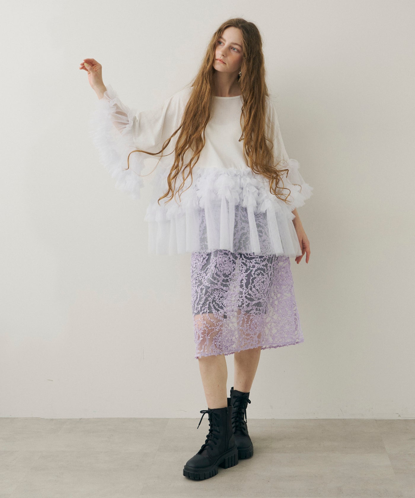 J1U by LA BELLE ETUDE】シアーローズモチーフレースIラインスカート