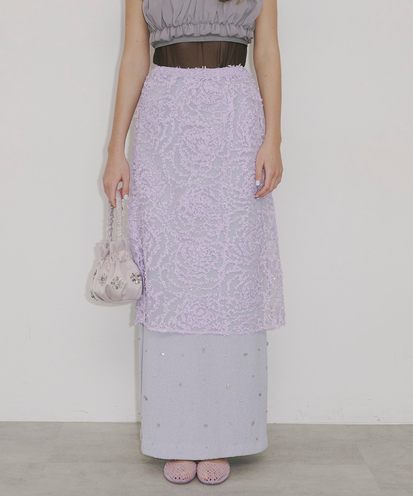 J1U by LA BELLE ETUDE】シアーローズモチーフレースIラインスカート