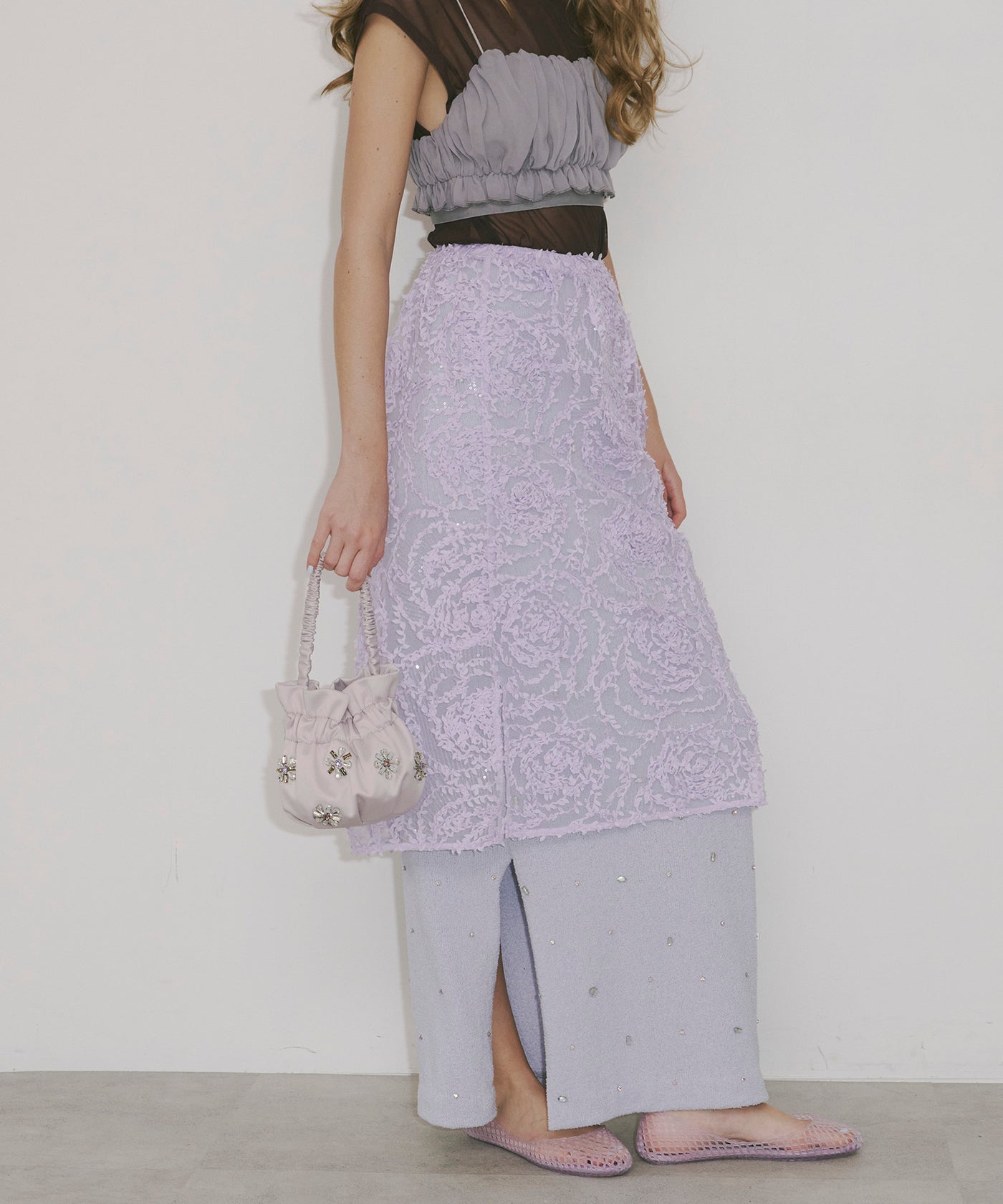 J1U by LA BELLE ETUDE】シアーローズモチーフレースIラインスカート