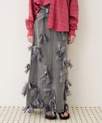 【予約】【J1U by LA BELLE ETUDE】many ribbon denim skirt