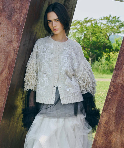 【TEN by LA BELLE ETUDE】レース刺繍MIXモチーフ×ループフリンジニットカーディガン
