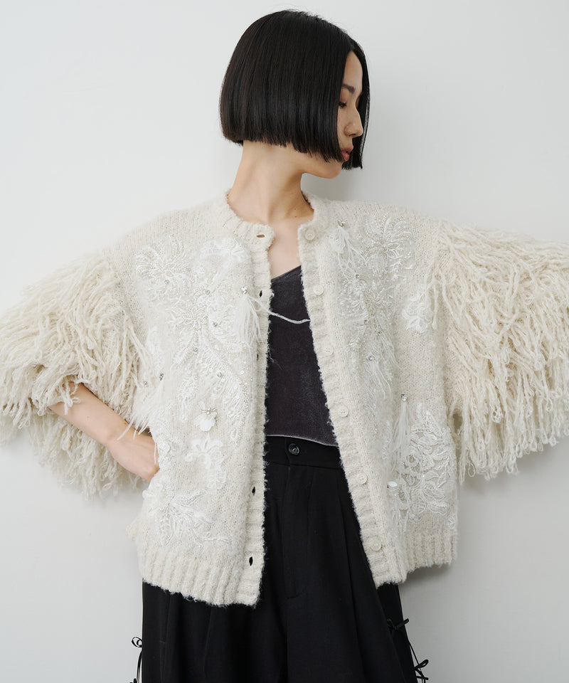 【予約】【TEN by LA BELLE ETUDE】レース刺繍MIXモチーフ×ループフリンジニットカーディガン
