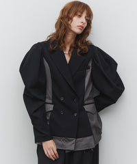 【予約10%OFF】配色ドレープパフスリーブダブルジャケット