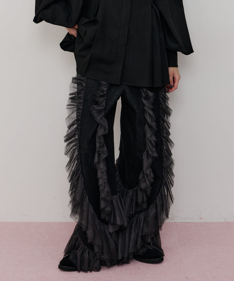【一部カラー予約】デニム×ギャザーチュールパンツ