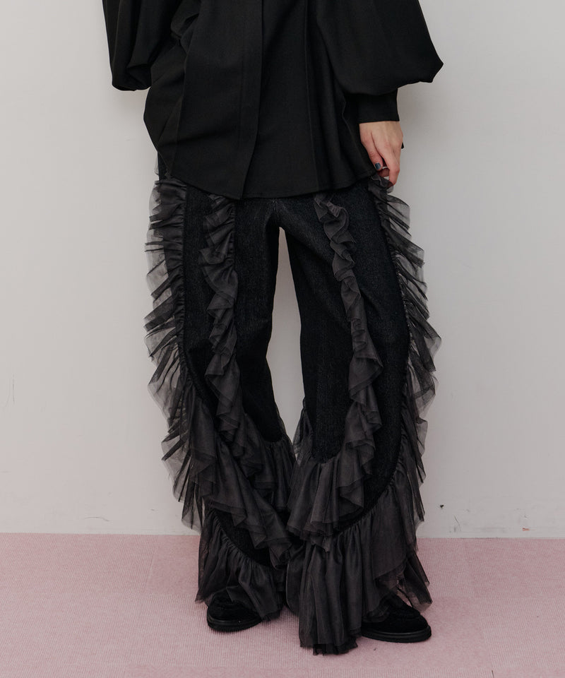 【一部カラー予約】デニム×ギャザーチュールパンツ