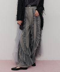【一部カラー予約】デニム×ギャザーチュールパンツ