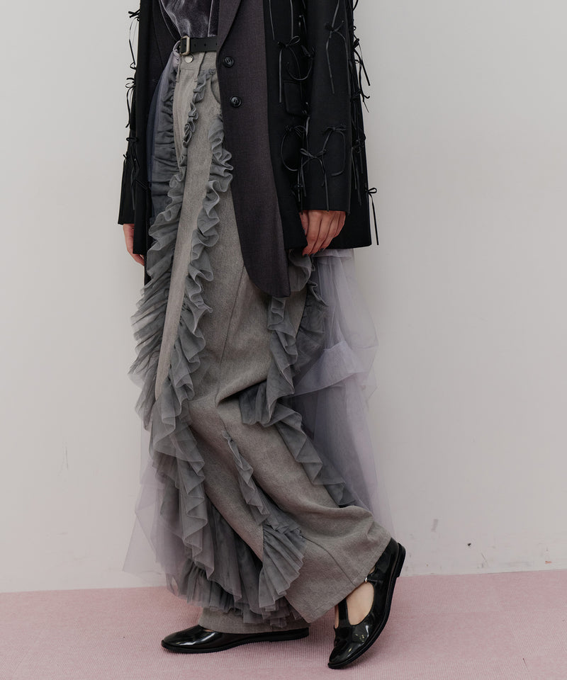 【一部カラー予約】デニム×ギャザーチュールパンツ