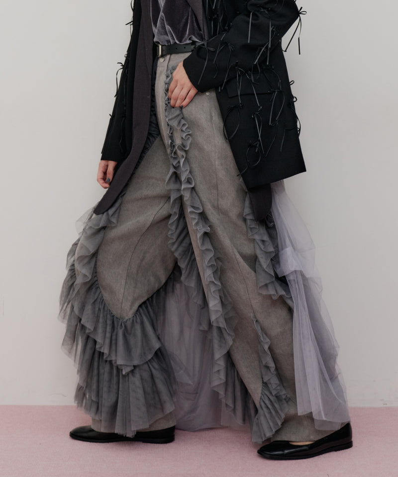 【一部カラー予約】デニム×ギャザーチュールパンツ