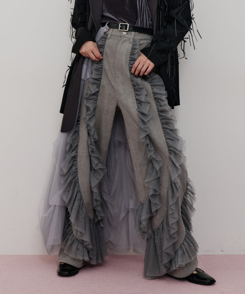 【一部カラー予約】デニム×ギャザーチュールパンツ
