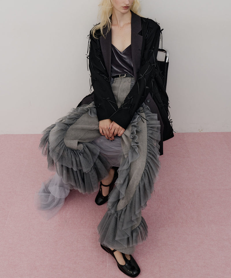 【一部カラー予約】デニム×ギャザーチュールパンツ