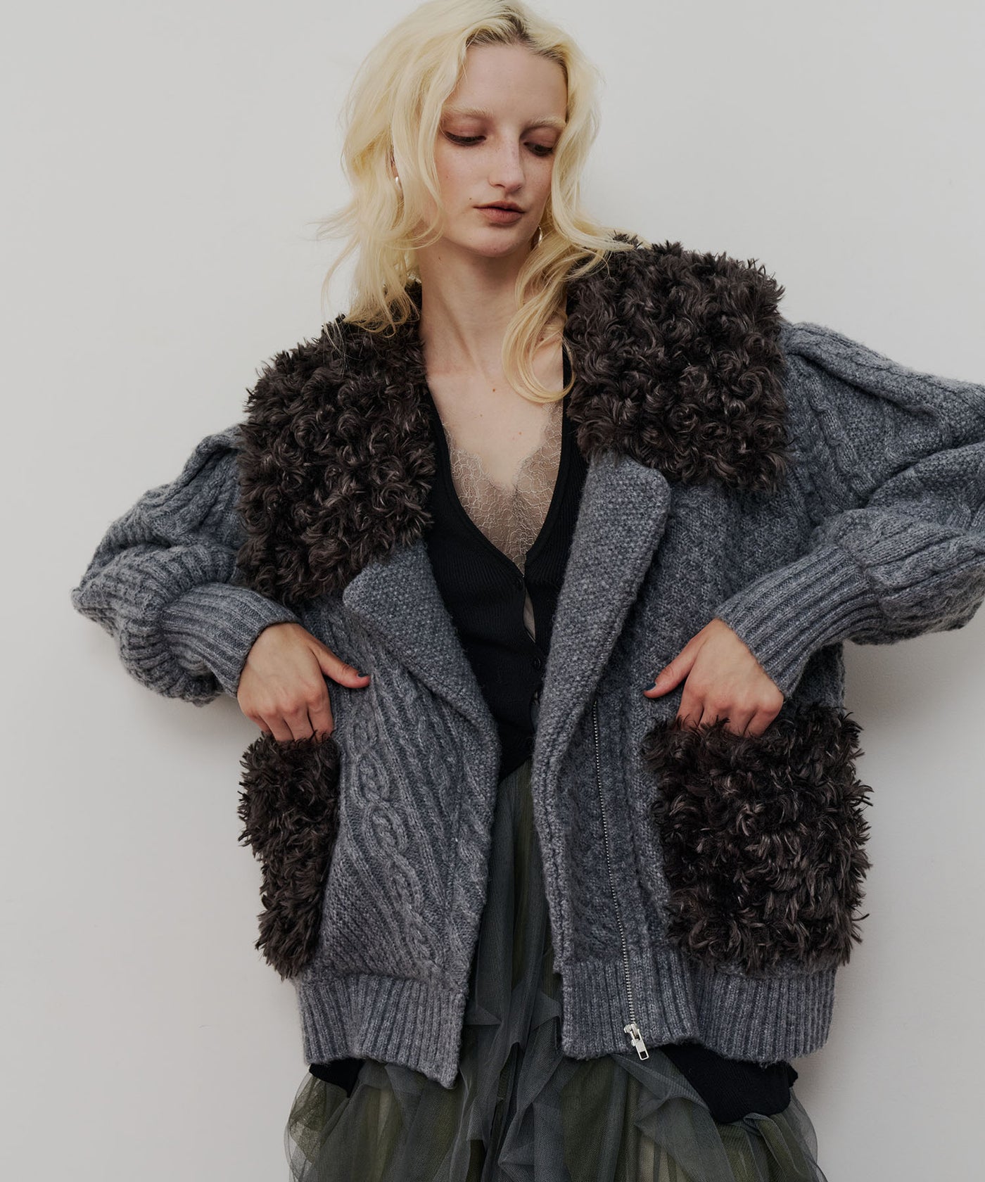 la belle Etude ファーライダースジャケット TEN by LA BELLE ETUDE】ニッティングパターン×ファーニットライダース