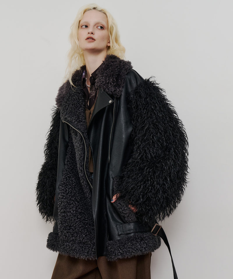 【予約10%OFF】ボリュームファー×レザーBIGジャケットコート