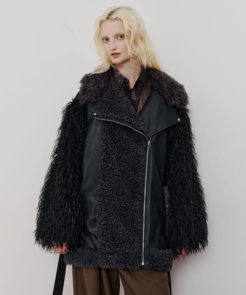 【予約10%OFF】ボリュームファー×レザーBIGジャケットコート