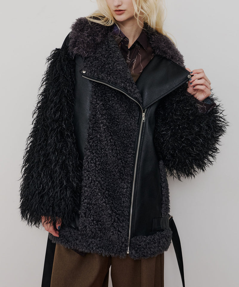 【予約10%OFF】ボリュームファー×レザーBIGジャケットコート