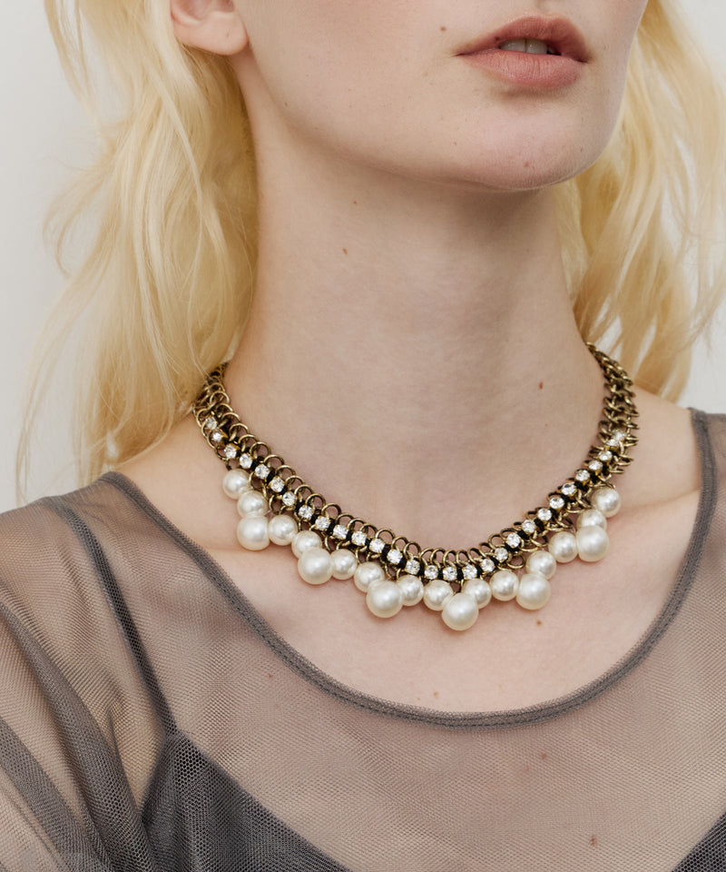 Vintage調ビジュー×パールチェーンネックレス