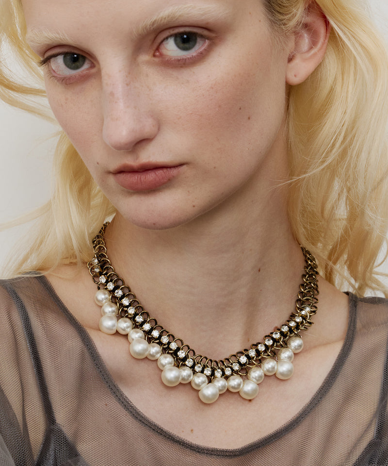 Vintage調ビジュー×パールチェーンネックレス