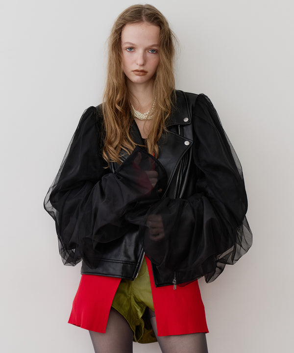 ギャザードレープチュールスリーブレザーJK