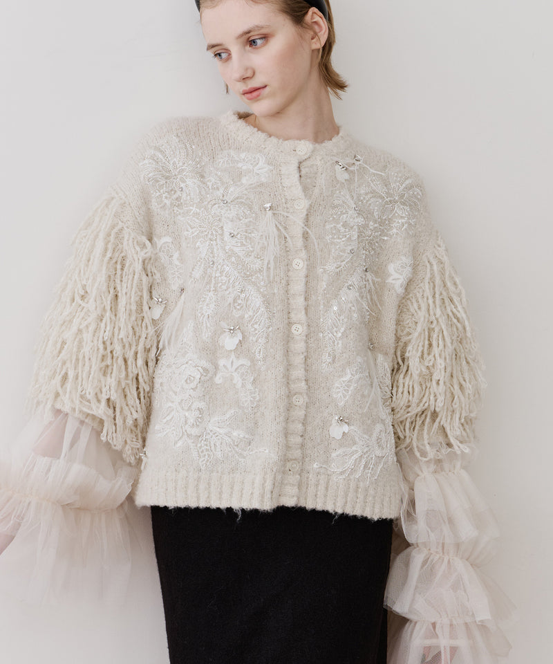 【TEN by LA BELLE ETUDE】レース刺繍MIXモチーフ×ループフリンジニットカーディガン