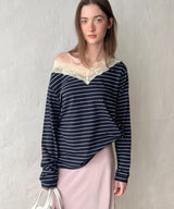 【GIUNON】2way border lace tops / 2way ボーダーレーストップス