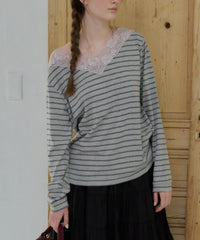 【GIUNON】2way border lace tops / 2way ボーダーレーストップス