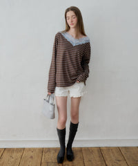 【GIUNON】2way border lace tops / 2way ボーダーレーストップス