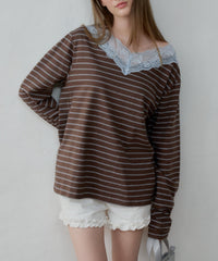 【GIUNON】2way border lace tops / 2way ボーダーレーストップス
