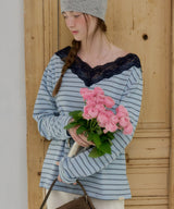 【GIUNON】2way border lace tops / 2way ボーダーレーストップス