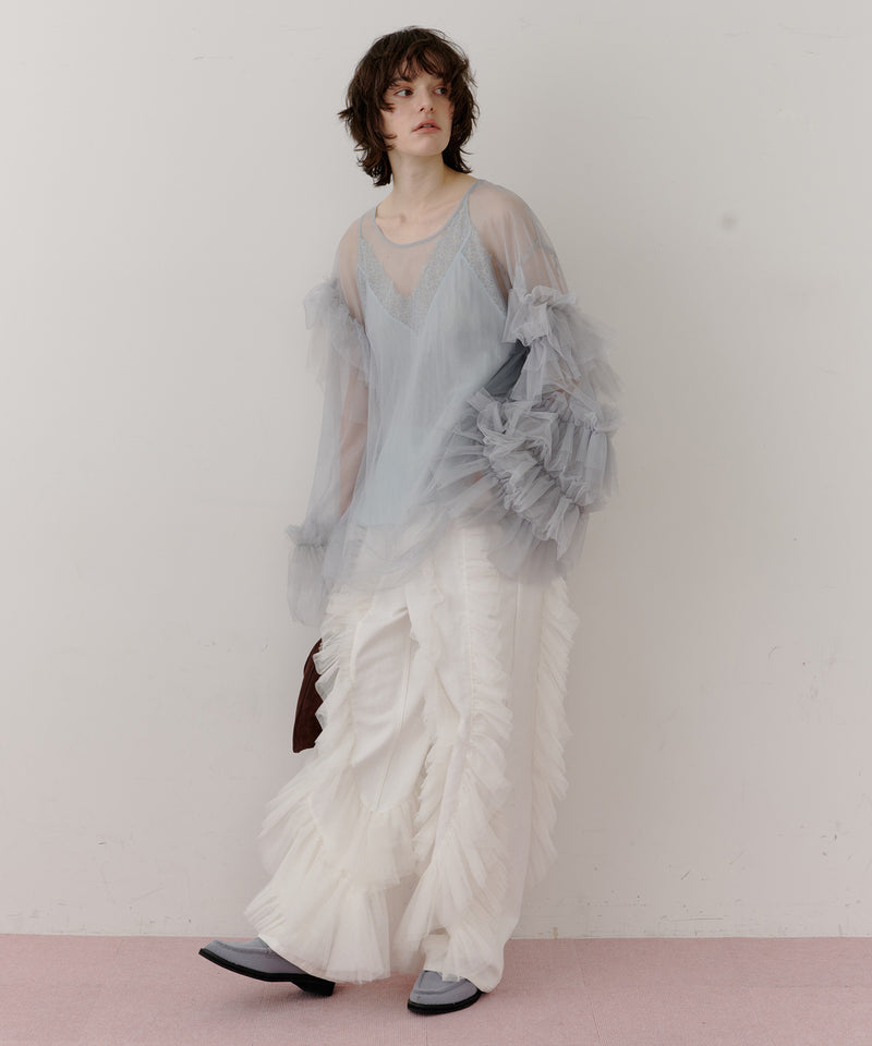 【一部カラー予約】デニム×ギャザーチュールパンツ