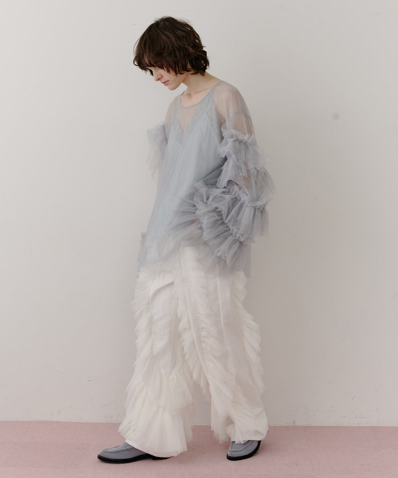 【一部カラー予約】デニム×ギャザーチュールパンツ