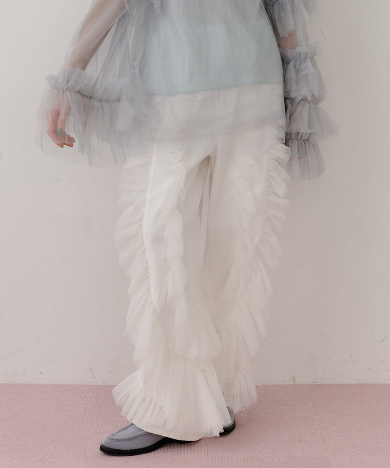 【一部カラー予約】デニム×ギャザーチュールパンツ