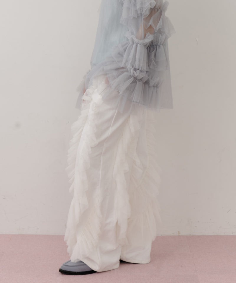 【一部カラー予約】デニム×ギャザーチュールパンツ