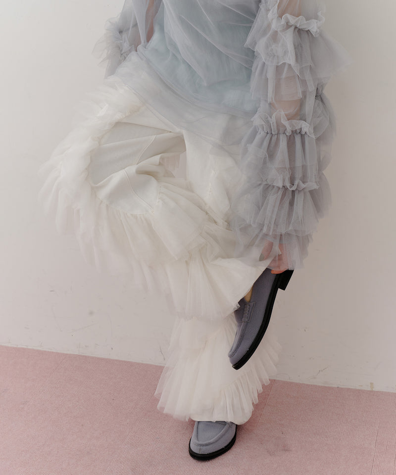 【一部カラー予約】デニム×ギャザーチュールパンツ