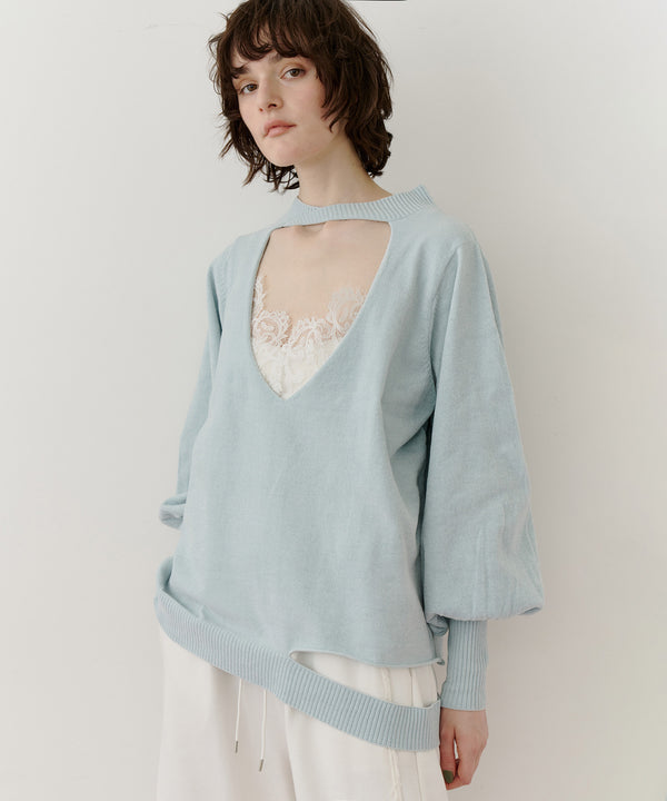 ねじりチョーカー深V裾デザインニット