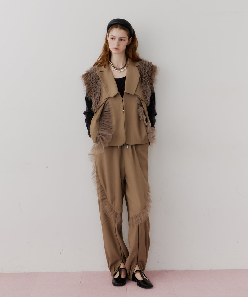 【J1U by LA BELLE ETUDE】フロント裾ZIPチュールフリルデザインパンツ