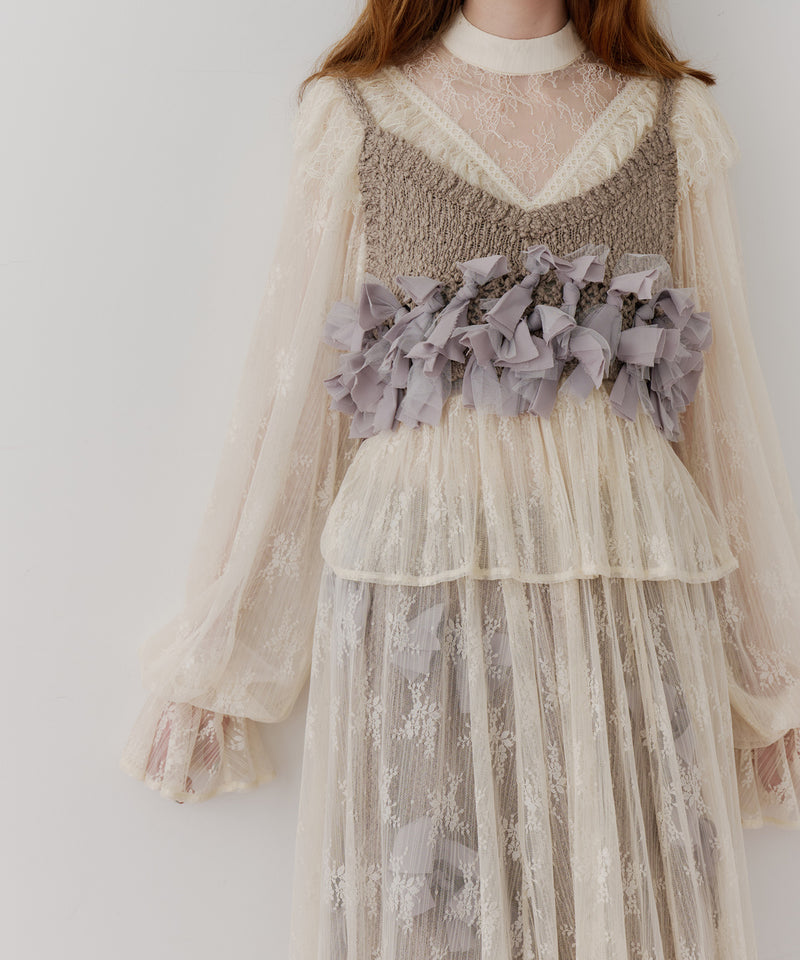 【J1U by LA BELLE ETUDE】vintage調ストライプフラワー総レースドレスOP