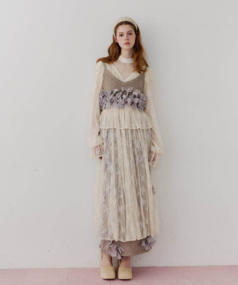 【J1U by LA BELLE ETUDE】vintage調ストライプフラワー総レースドレスOP