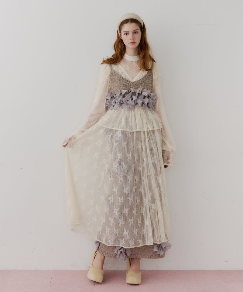 【J1U by LA BELLE ETUDE】vintage調ストライプフラワー総レースドレスOP