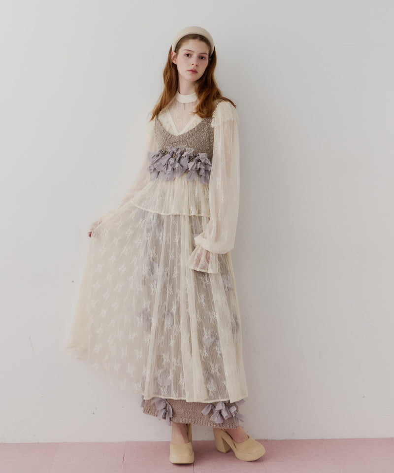 【J1U by LA BELLE ETUDE】vintage調ストライプフラワー総レースドレスOP