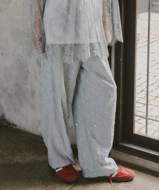 【予約】楊柳ストライプビーズ刺繍パンツ