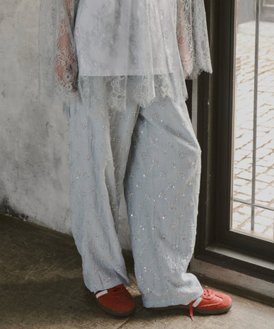 【予約】楊柳ストライプビーズ刺繍パンツ