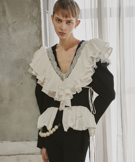 【予約10%OFF】レースVネックギャザーフリルつけ衿