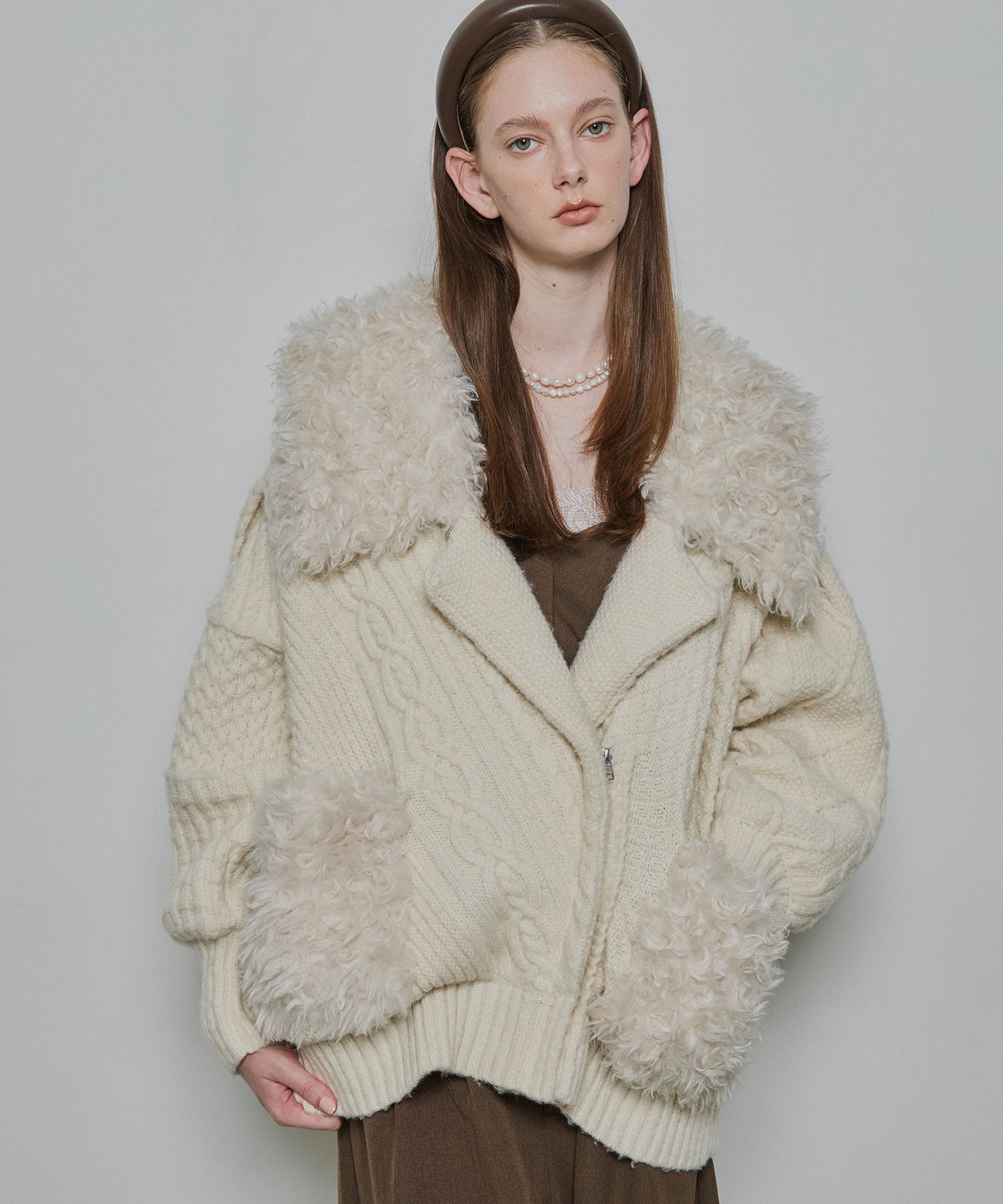 la belle Etude ファーライダースジャケット TEN by LA BELLE ETUDE】ニッティングパターン×ファーニットライダース