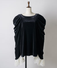 【予約10%OFF】レースカフスベロアギャザーパフスリーブTOPS