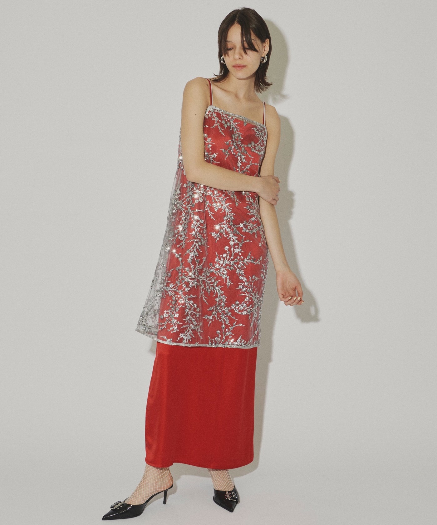PolyDupionStrapFrilledDressフラワースパンコールドレス PolyDupionStrapFrilledDressフラワースパンコールドレス レディース