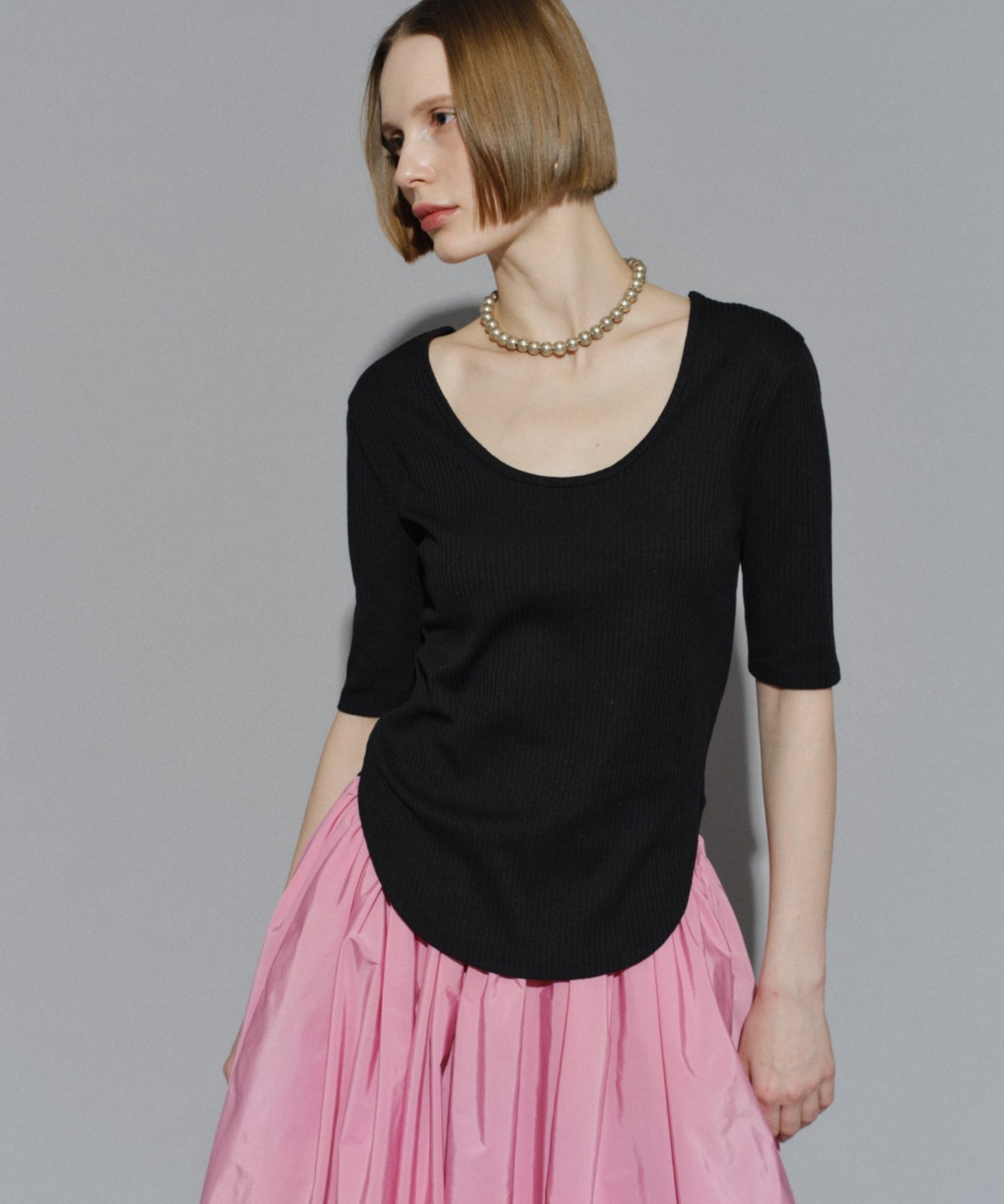 yae】Short sleeve 2way Uneckribtops / ショートスリーブ2wayUネック