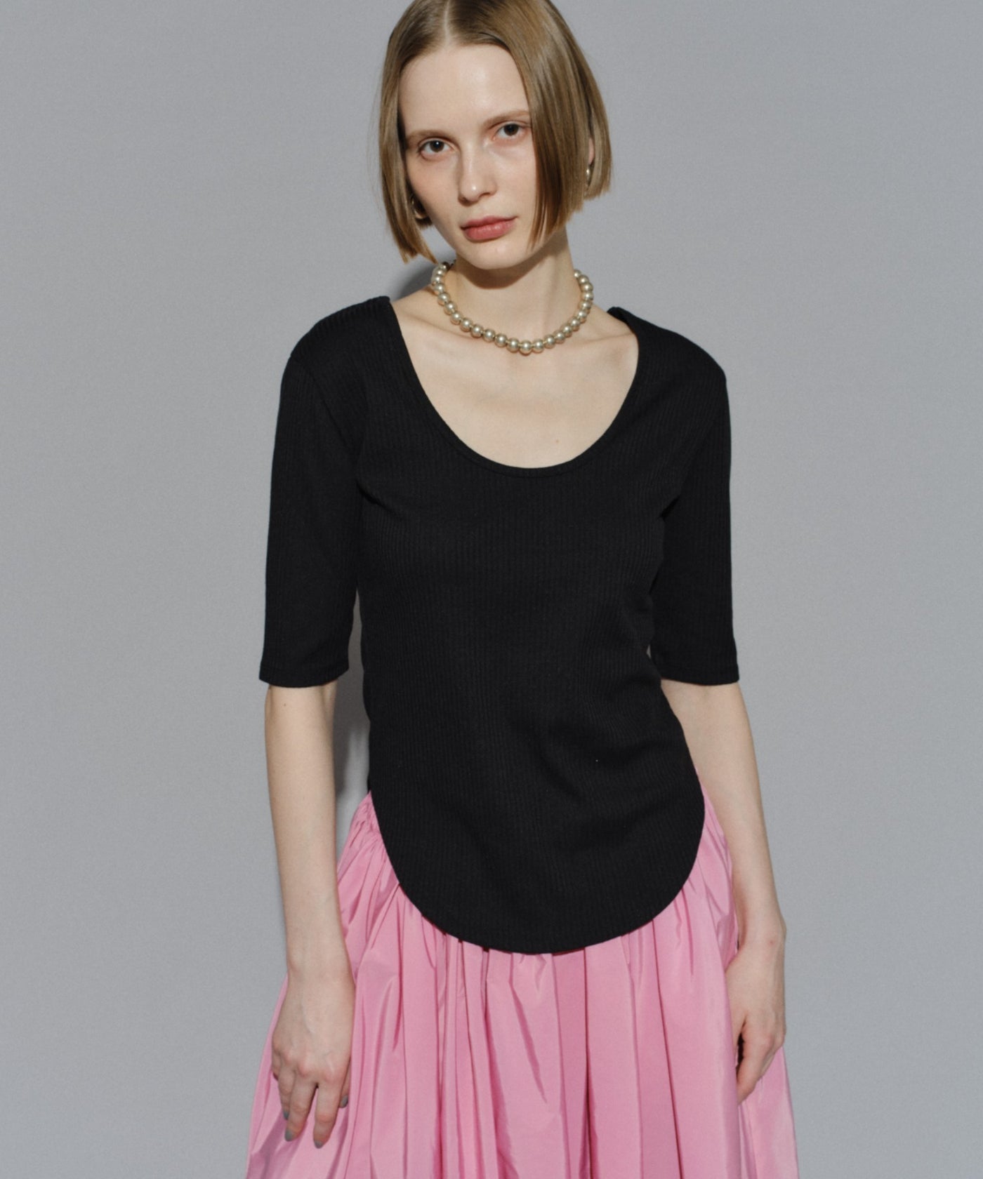 yae】Short sleeve 2way Uneckribtops / ショートスリーブ2wayUネック