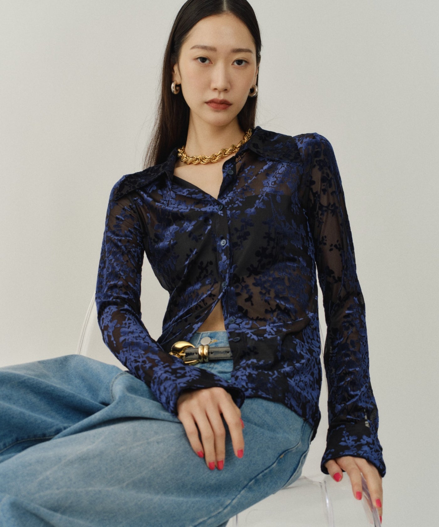 【新品未開封】yae シアーオパールスリムフィットシャツ　ベロアシャツ yae】Sheer opal slim fit shirt / シアーオパールスリムフィット