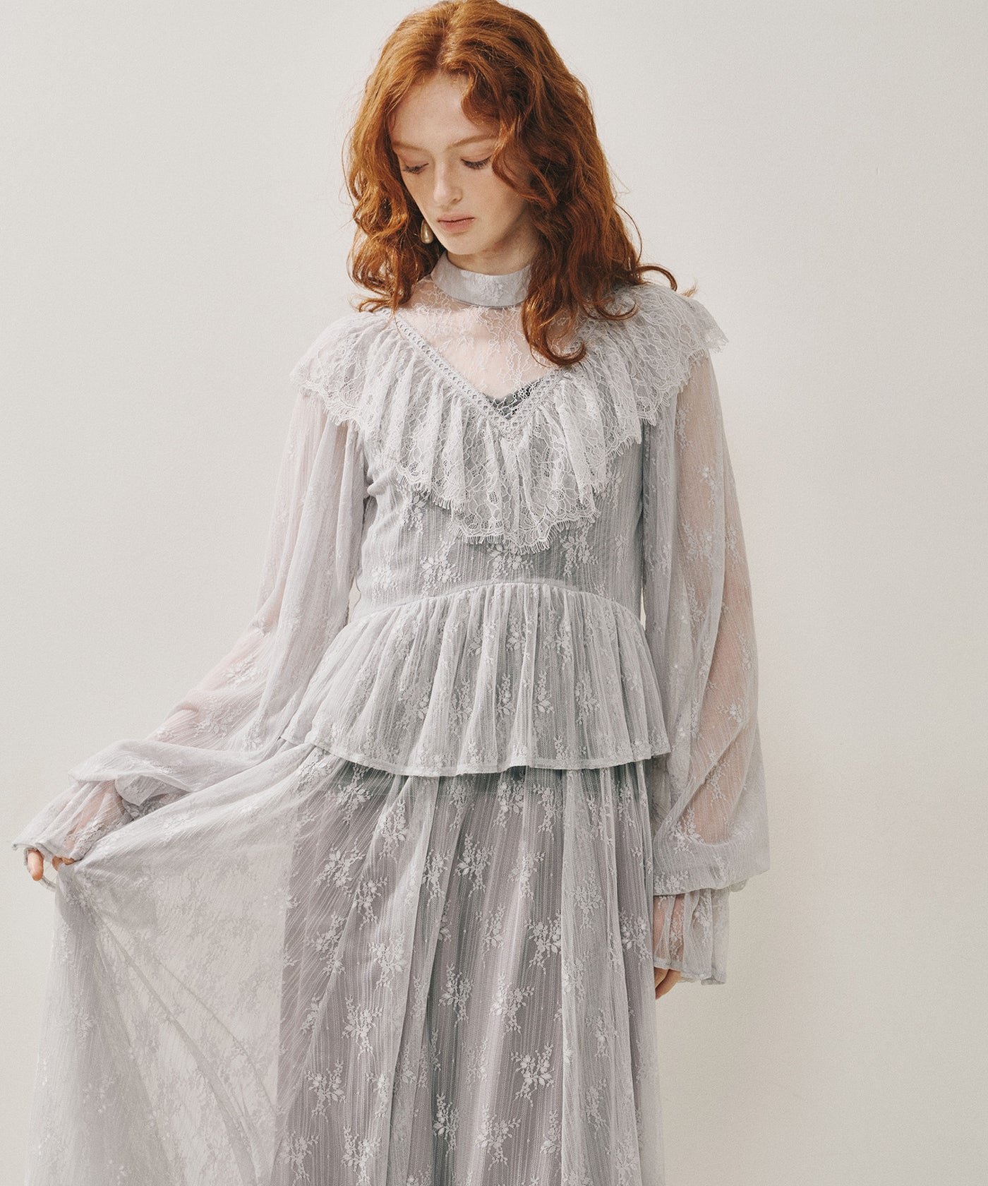 J1U by LA BELLE ETUDE】vintage調ストライプフラワー総レースドレスOP