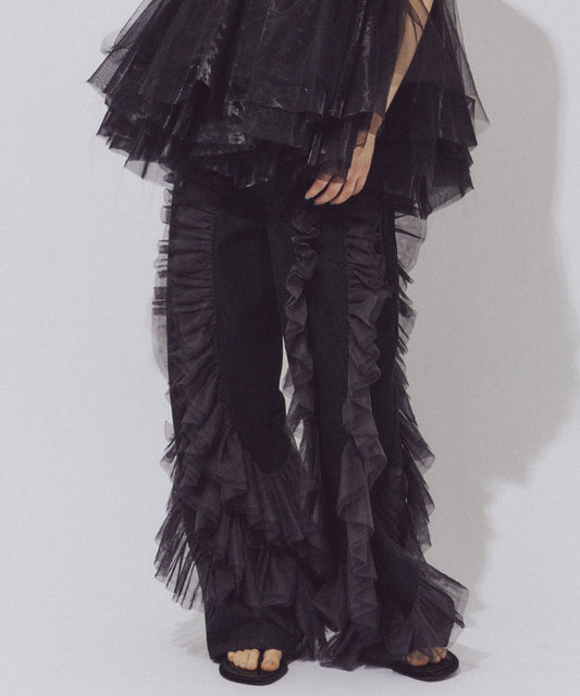 【一部カラー予約】【再入荷】デニム×ギャザーチュールパンツ